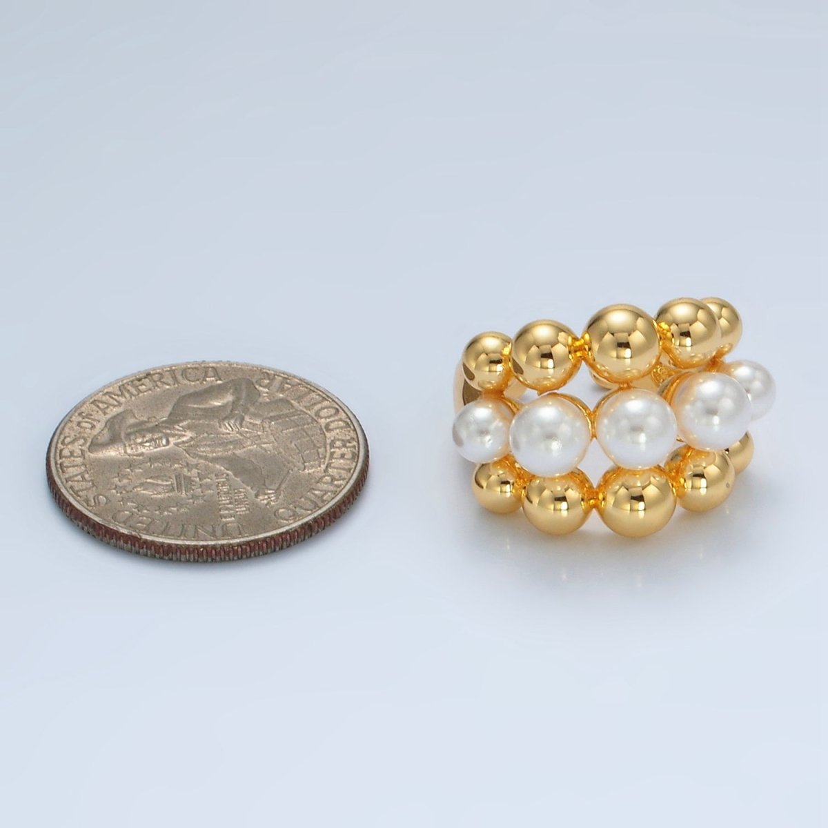 24K Gold Filled Triple Beaded Bubble Shell Pearl Ring | O1398 - DLUXCA
