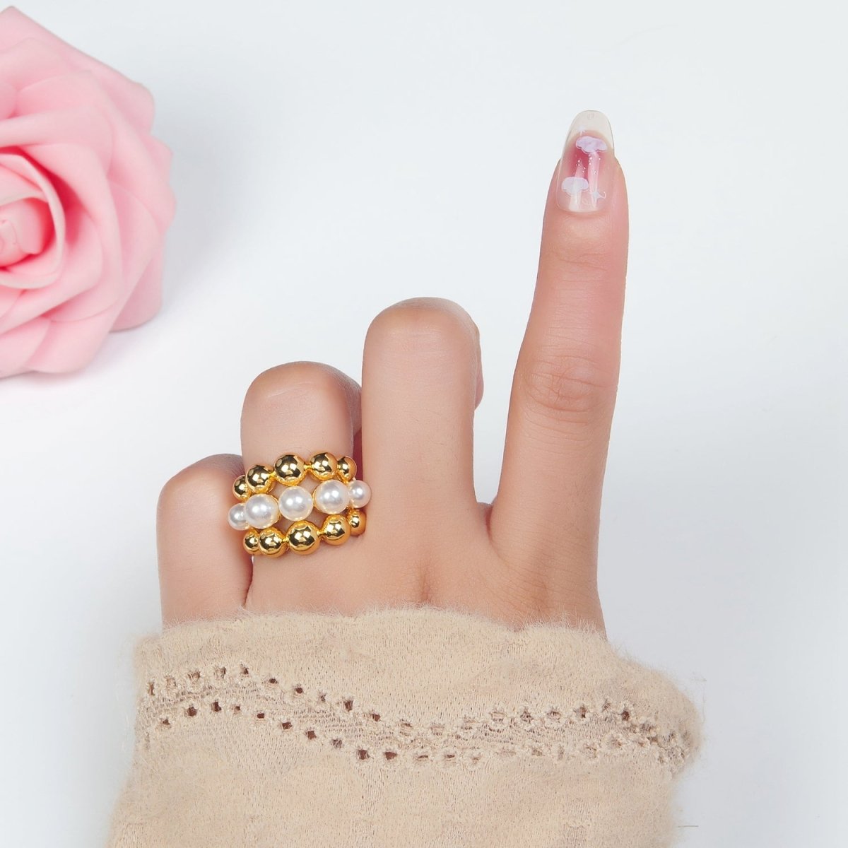 24K Gold Filled Triple Beaded Bubble Shell Pearl Ring | O1398 - DLUXCA