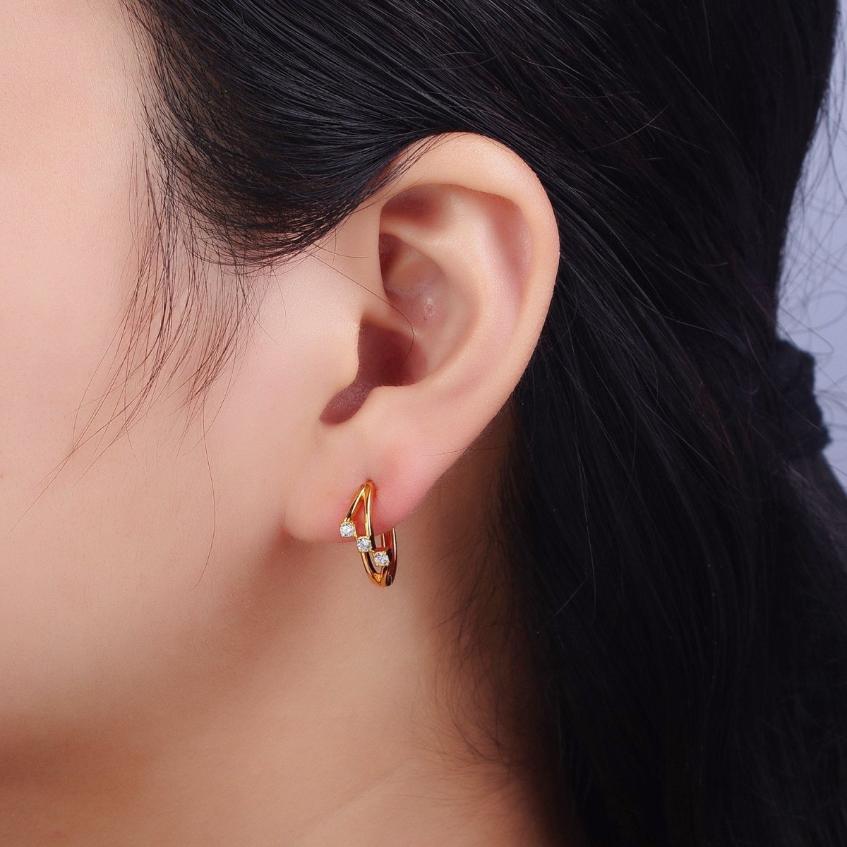 24K Gold Filled Triple Clear Round CZ Geometric Lined Huggie Earrings | AB119 - DLUXCA