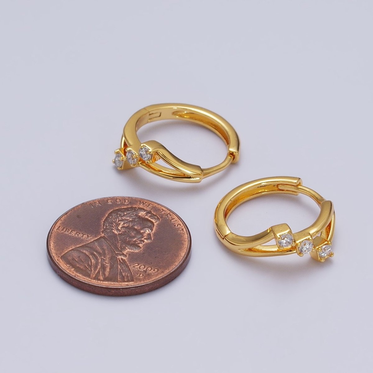 24K Gold Filled Triple Clear Round CZ Geometric Lined Huggie Earrings | AB119 - DLUXCA