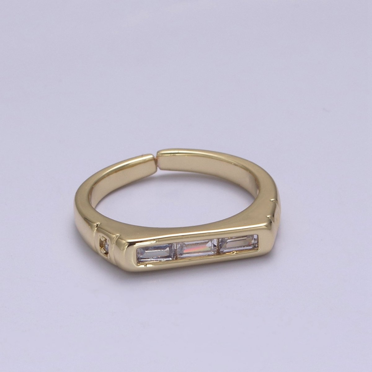 24K Gold Filled Triple Green, Clear Baguette CZ Cubic Crystal Zirconia Flat Bar Signet Adjustable Ring S-360 S-361