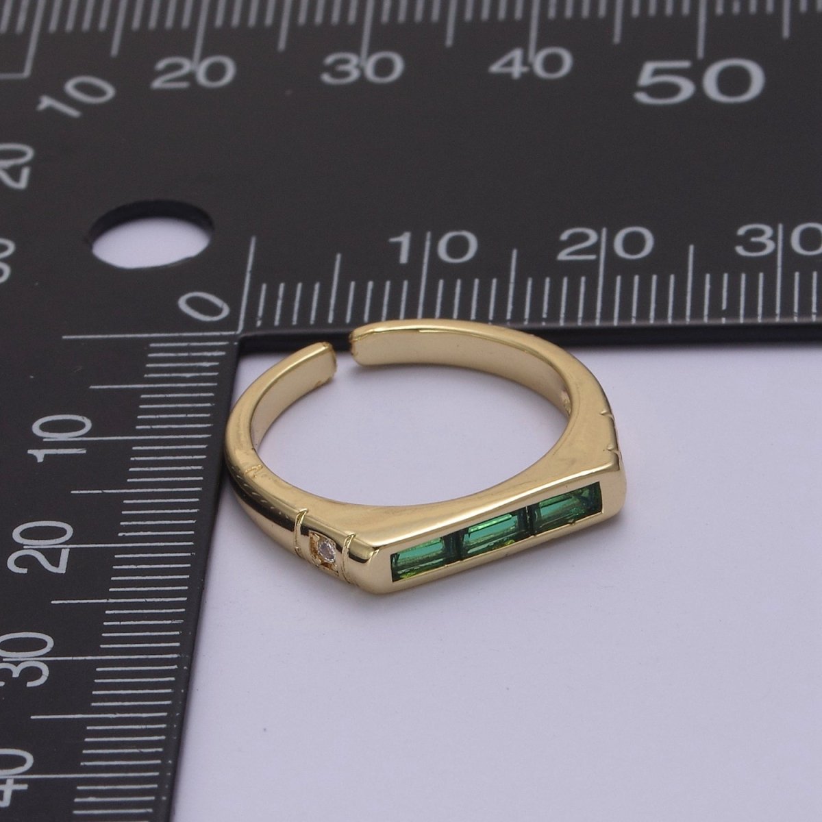 24K Gold Filled Triple Green, Clear Baguette CZ Cubic Crystal Zirconia Flat Bar Signet Adjustable Ring S-360 S-361