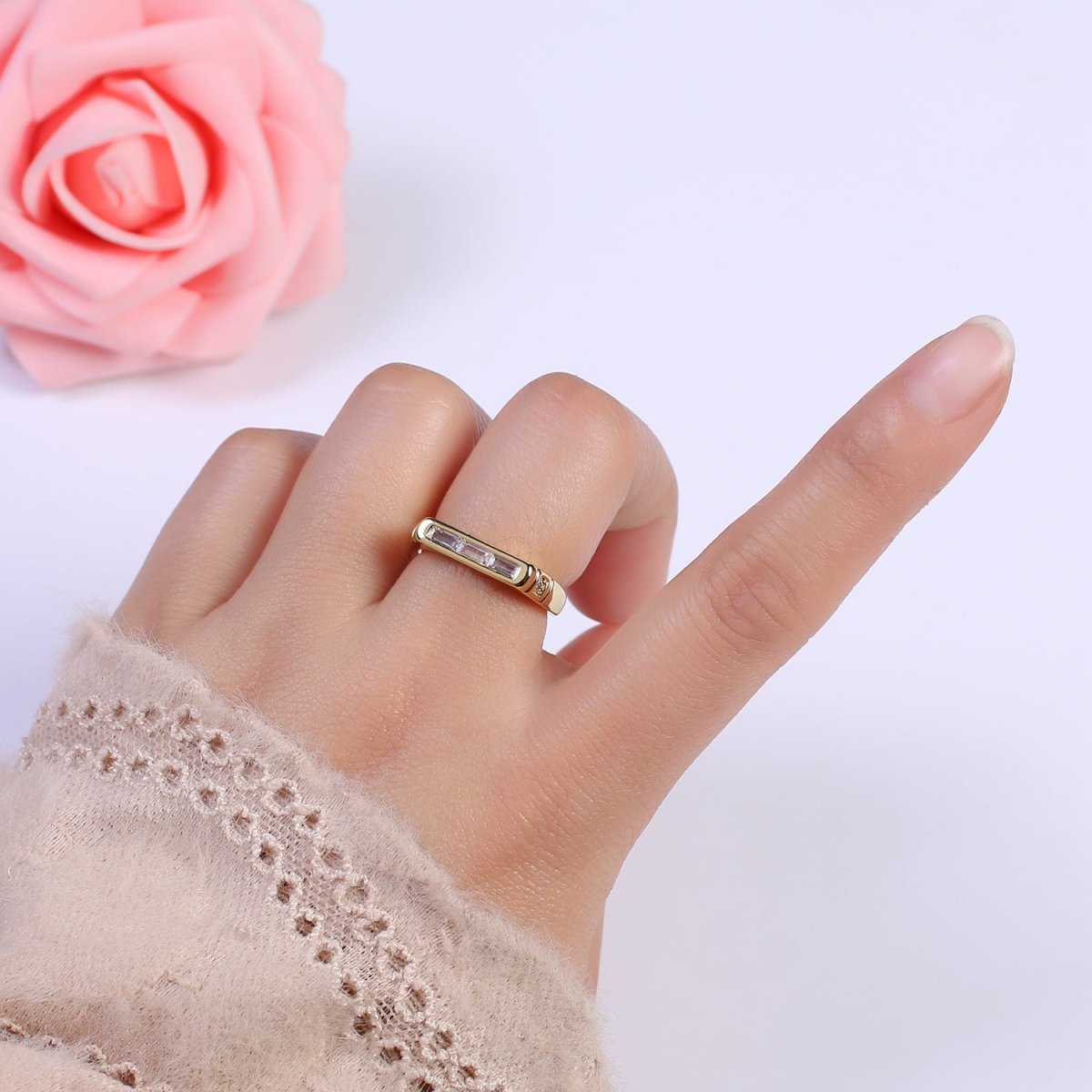 24K Gold Filled Triple Green, Clear Baguette CZ Cubic Crystal Zirconia Flat Bar Signet Adjustable Ring S-360 S-361