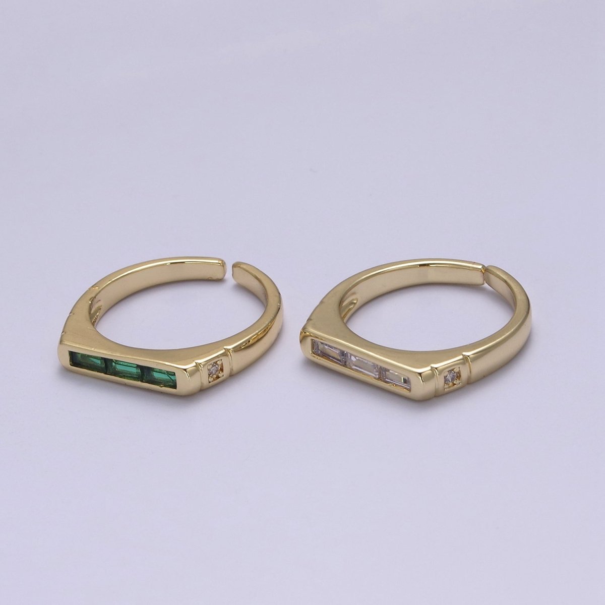24K Gold Filled Triple Green, Clear Baguette CZ Cubic Crystal Zirconia Flat Bar Signet Adjustable Ring S-360 S-361