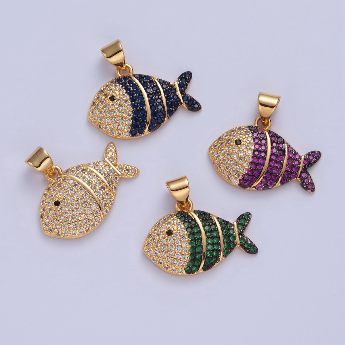 24K Gold Filled Tropical Clown Fish Green, Blue, Fuchsia, Clear Micro Paved CZ Pendant I-179 I-183 I-192 I-206