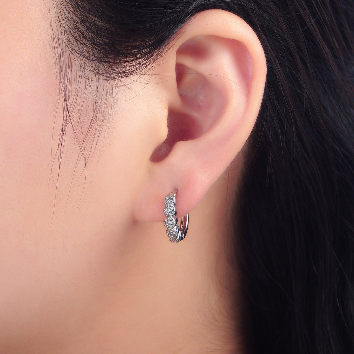 24K Gold Filled Turquoise, Clear CZ Round Dotted Huggie Earrings | P157 P158