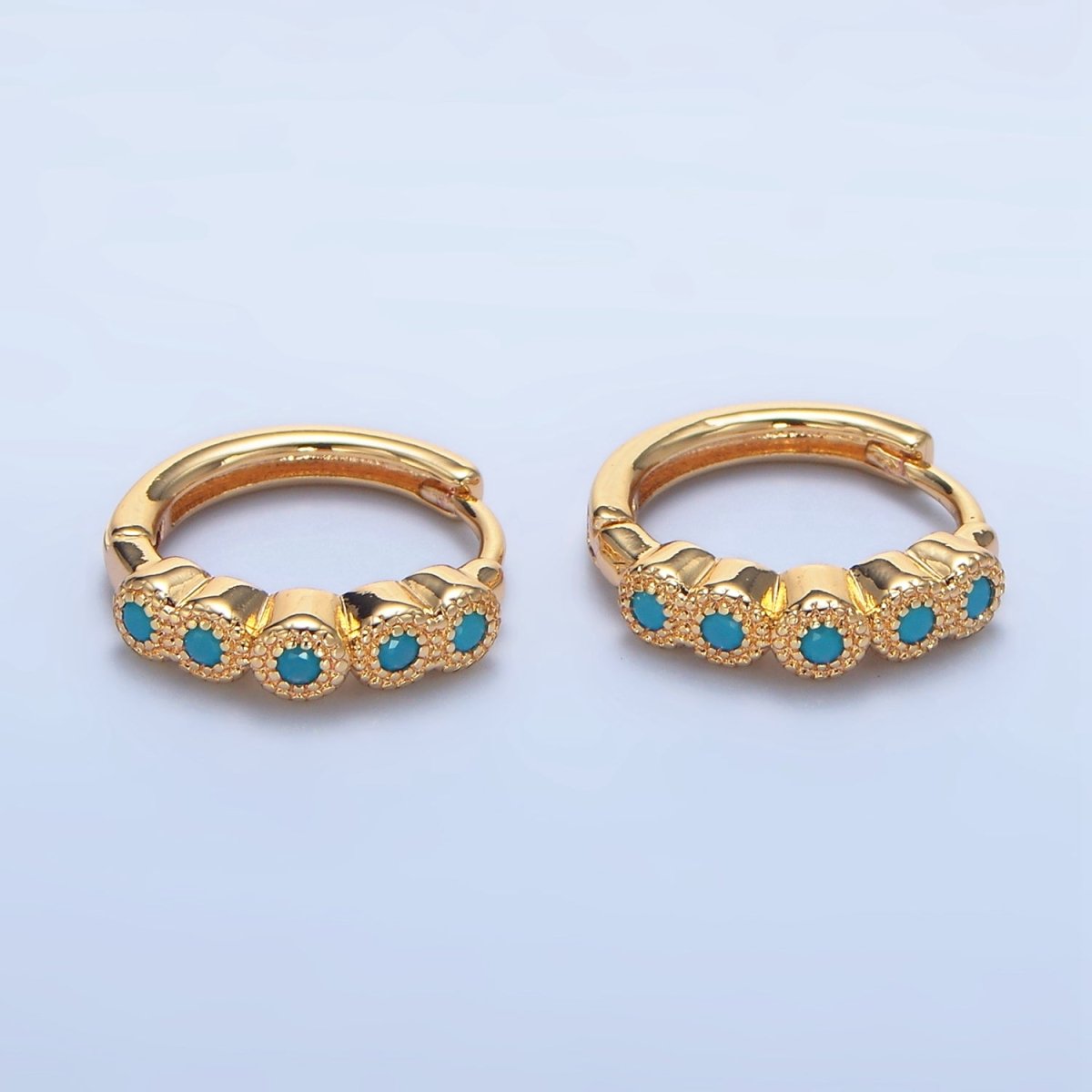 24K Gold Filled Turquoise, Clear CZ Round Dotted Huggie Earrings | P157 P158