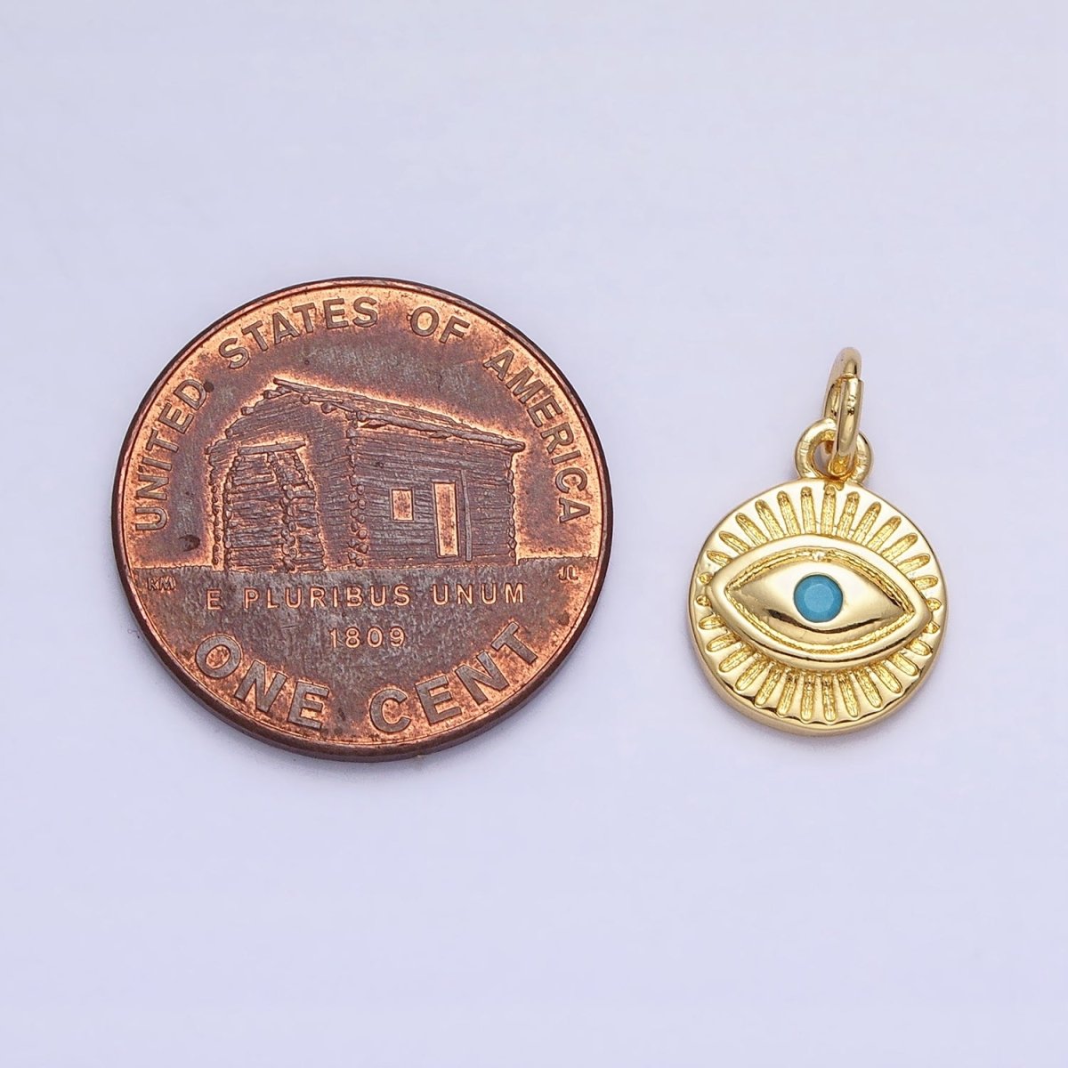 24K Gold Filled Turquoise Evil Eye Sun Bam Lined Round Charm | AC450 - DLUXCA