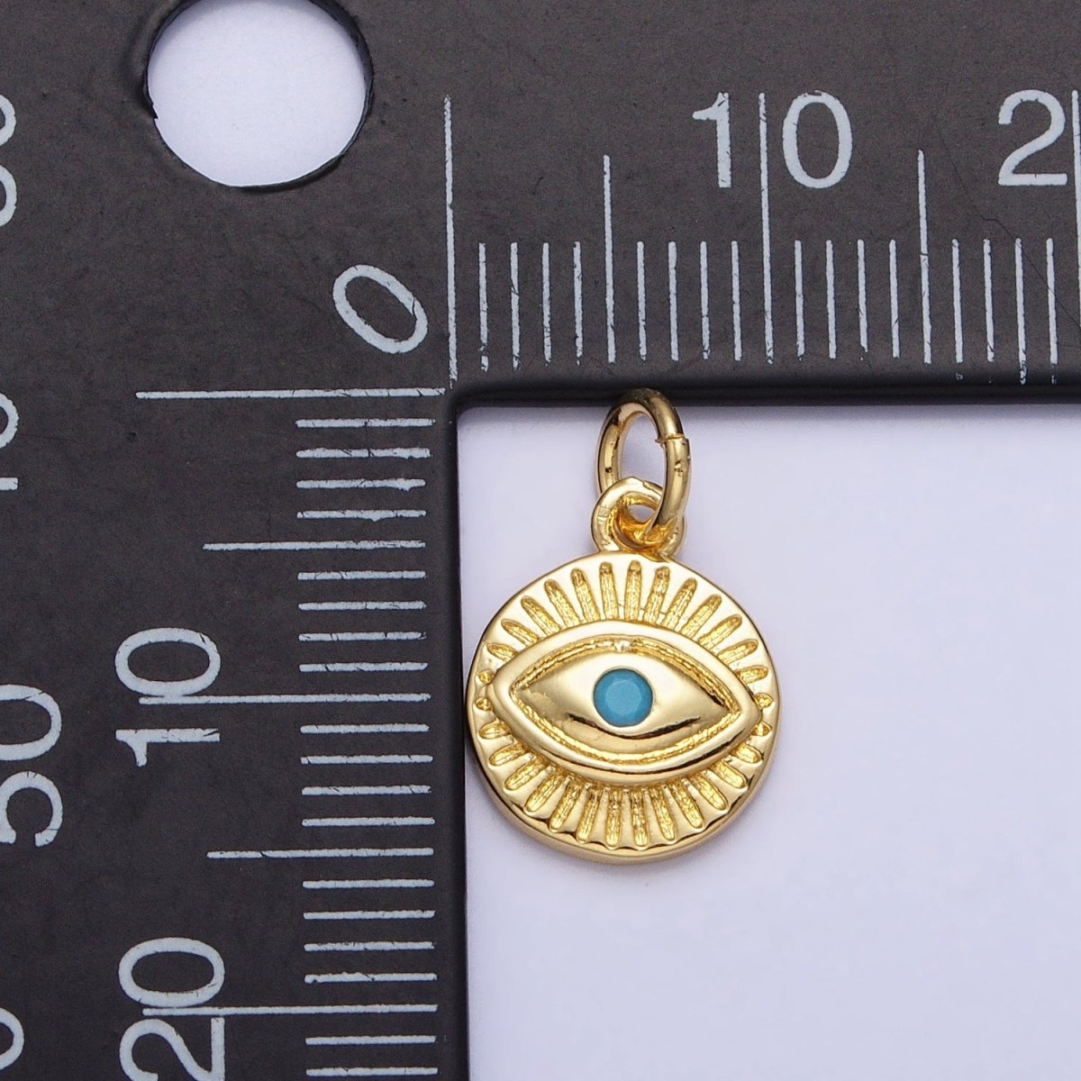 24K Gold Filled Turquoise Evil Eye Sun Bam Lined Round Charm | AC450 - DLUXCA