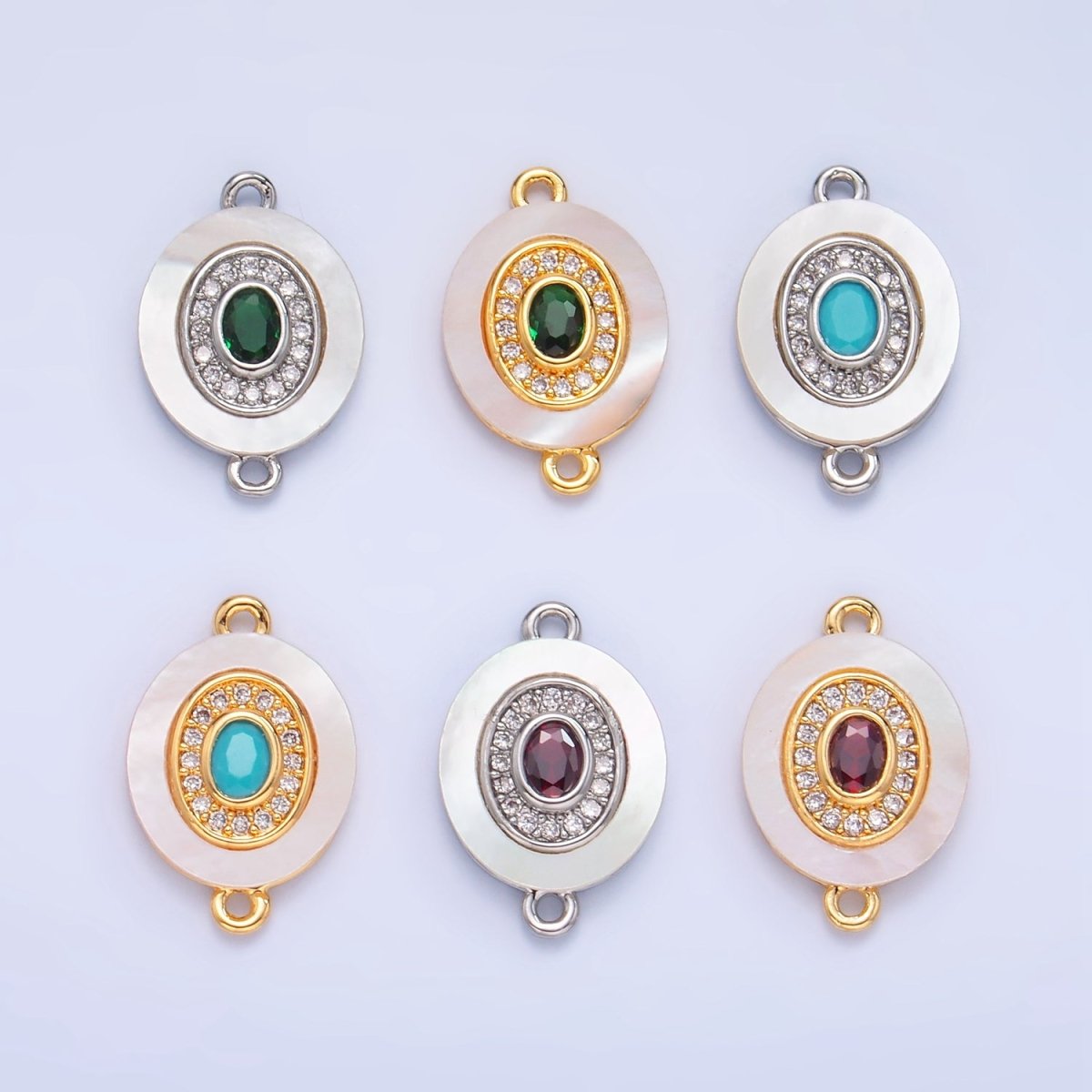 24K Gold Filled Turquoise, Green, Red CZ Shell Pearl Oval Connector | F823 F825 F831