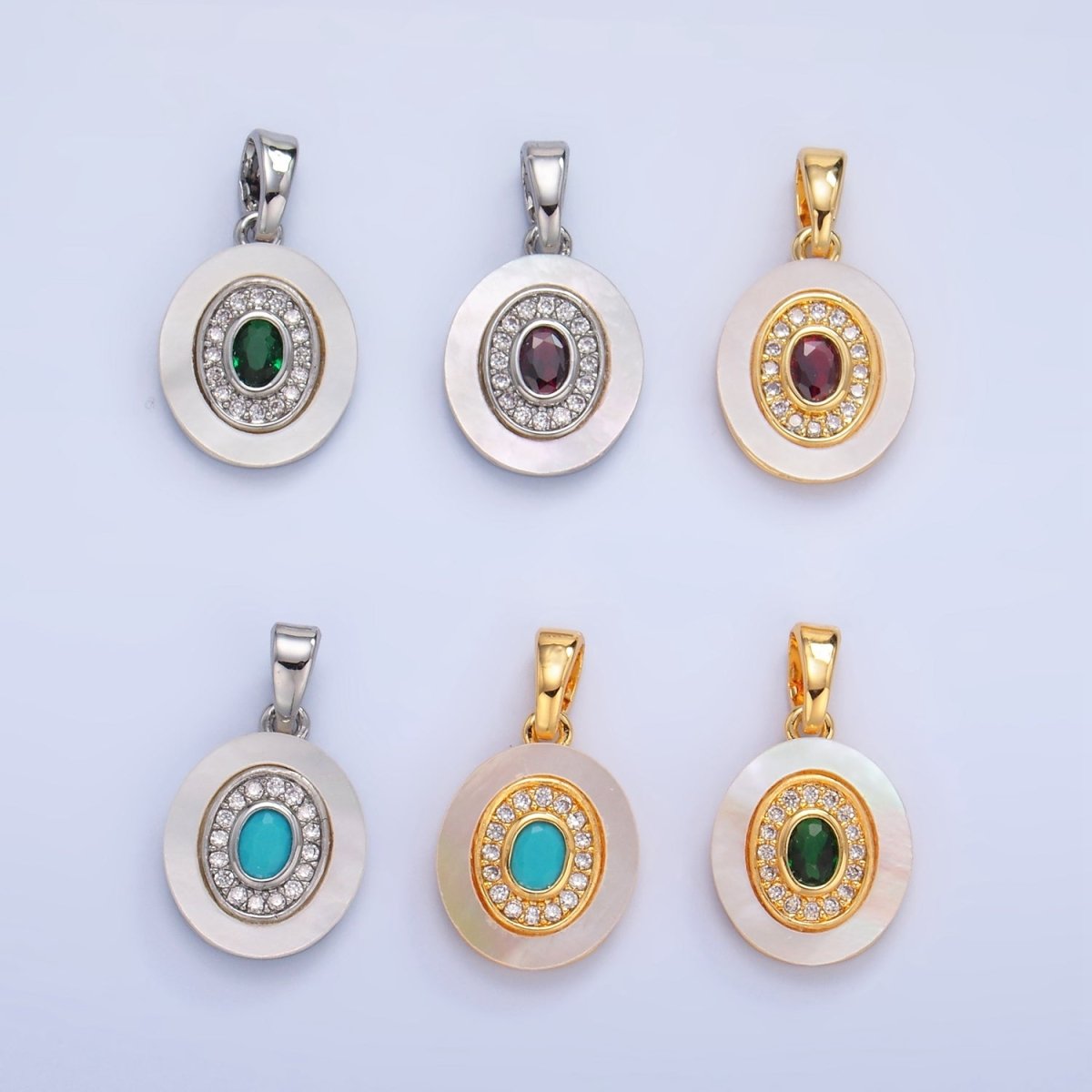 24K Gold Filled Turquoise, Green, Red CZ Shell Pearl Oval Pendant | AA1041 - AA1043