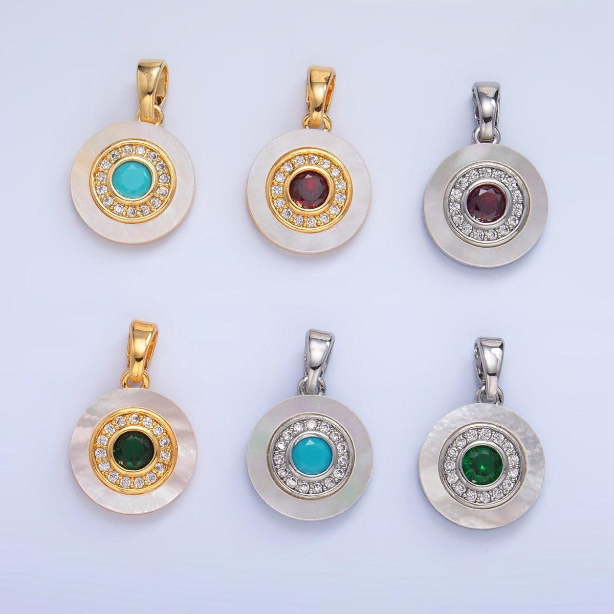 24K Gold Filled Turquoise, Green, Red CZ Shell Pearl Round Pendant | AA1038 - AA1040