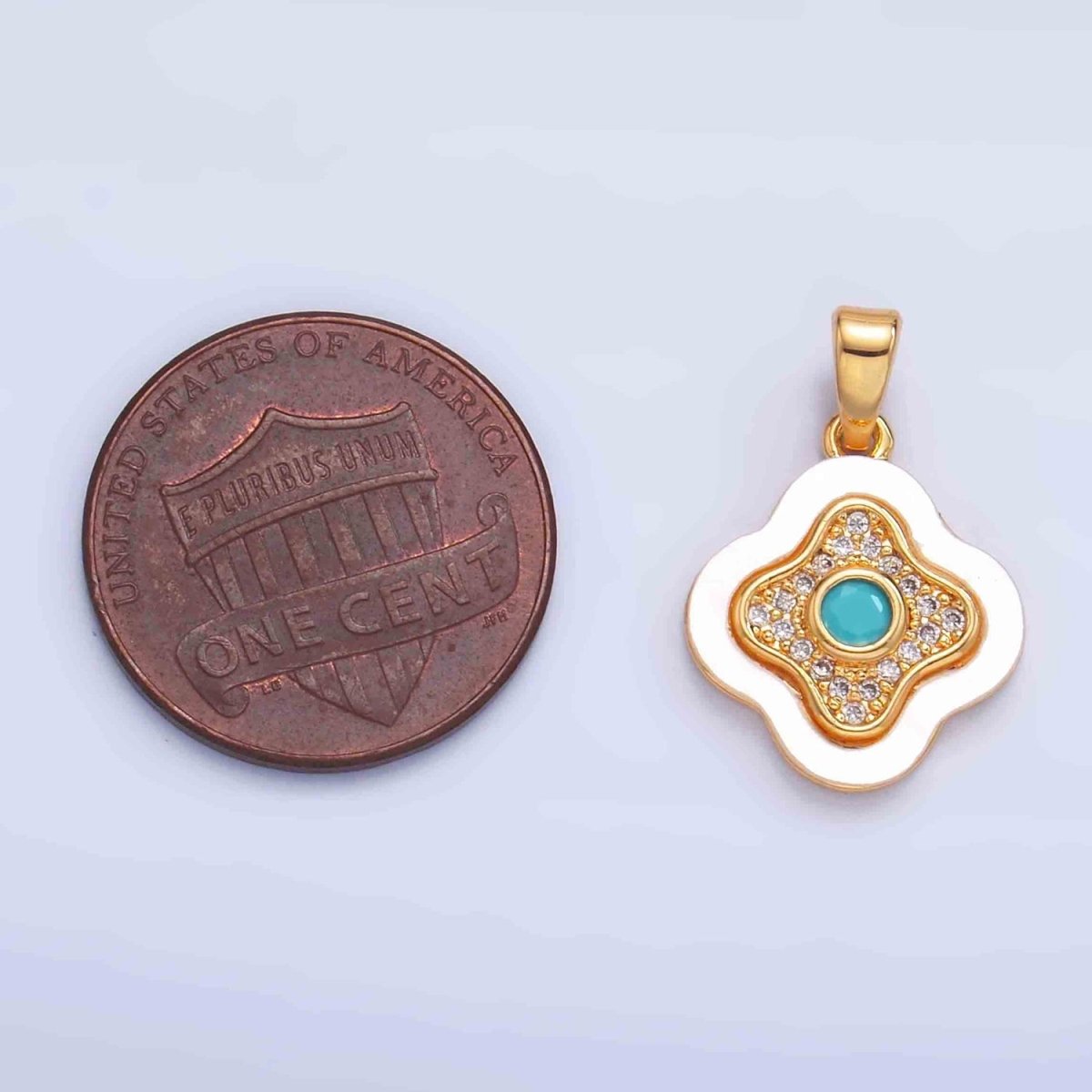 24K Gold Filled Turquoise Micro Paved CZ Shell Pearl Quatrefoil Pendant | AA1053 - DLUXCA