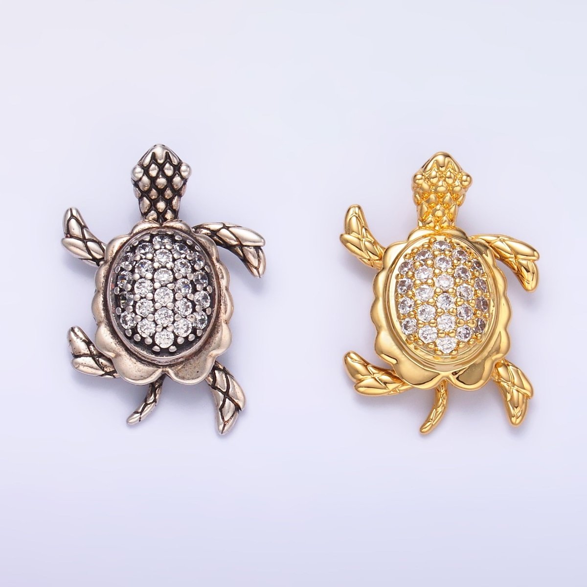 24K Gold Filled Turtle Tortoise Micro Paved CZ Back Loop Pendant in Gold & Silver | AA1079
