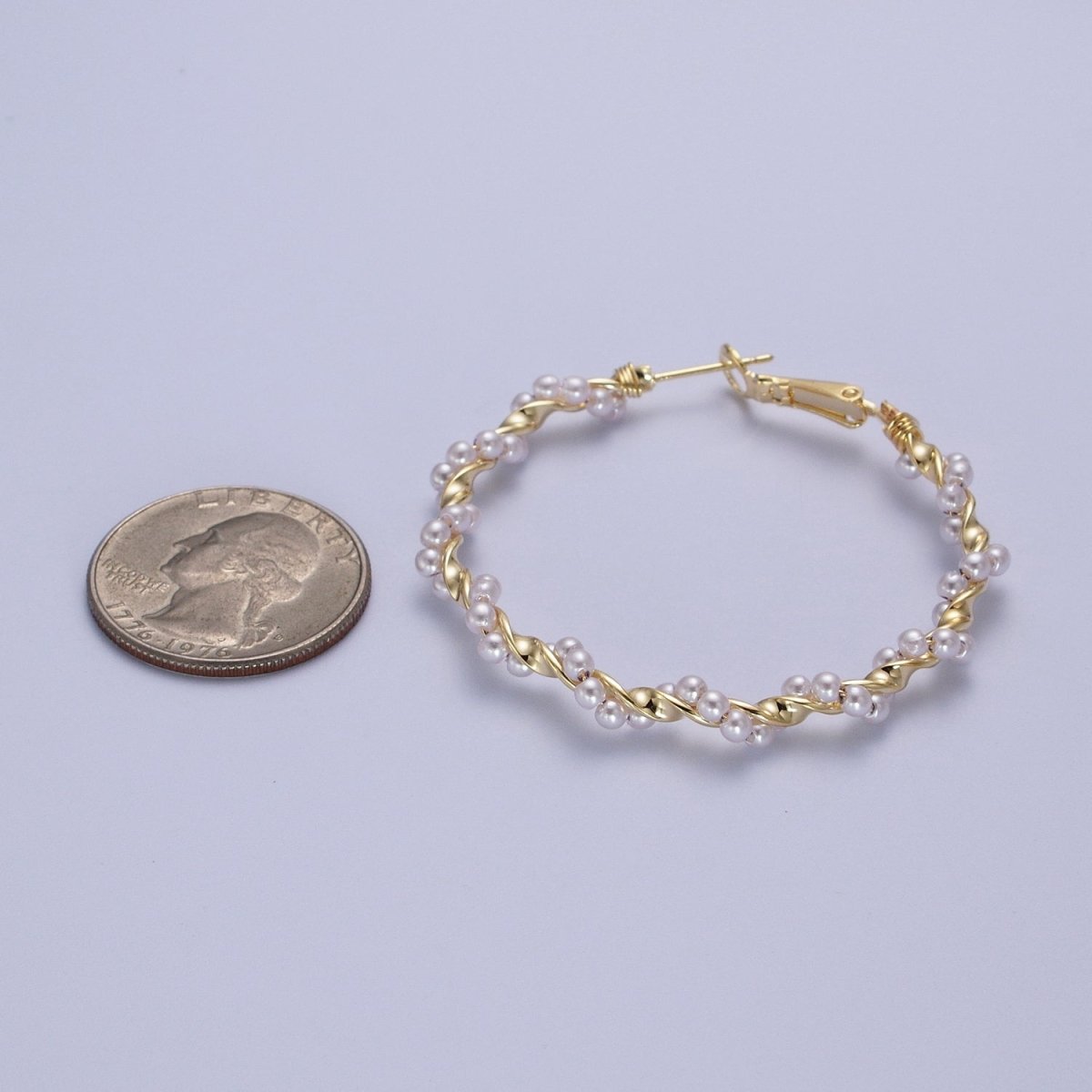 24K Gold Filled Twisted Pearls 50mm Hoops Earrings | Y-231 - DLUXCA