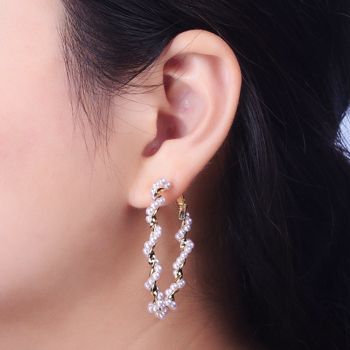 24K Gold Filled Twisted Pearls 50mm Hoops Earrings | Y-231 - DLUXCA