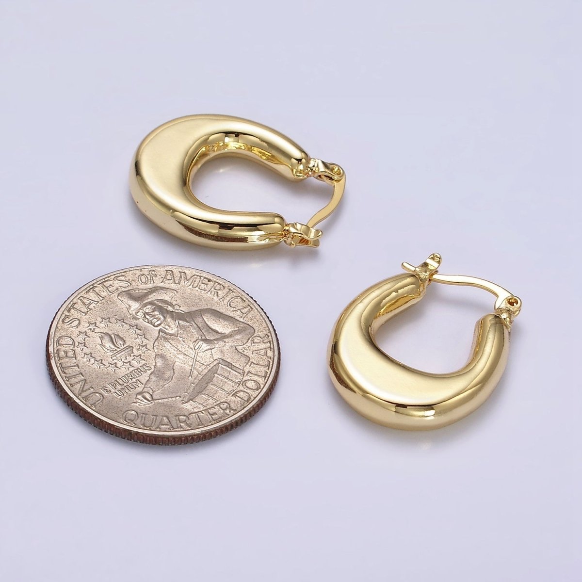 24K Gold Filled U-Shaped Edged Chubby French Lock Latch Hoop Earrings in Gold & Silver | AE612 AE613