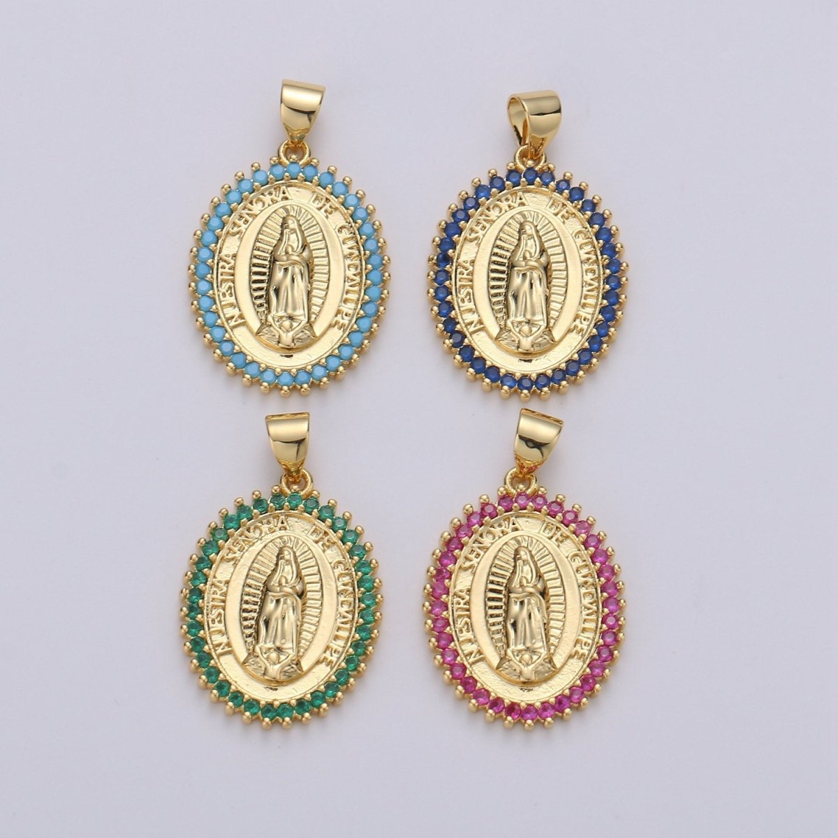 24k Gold Filled Virgin Mary Pendant Necklace Green Blue Teal Micro Pave Virgen de Guadalupe Medallion Pendant for Necklace Religious Jewelry I-841~I-843 I-845
