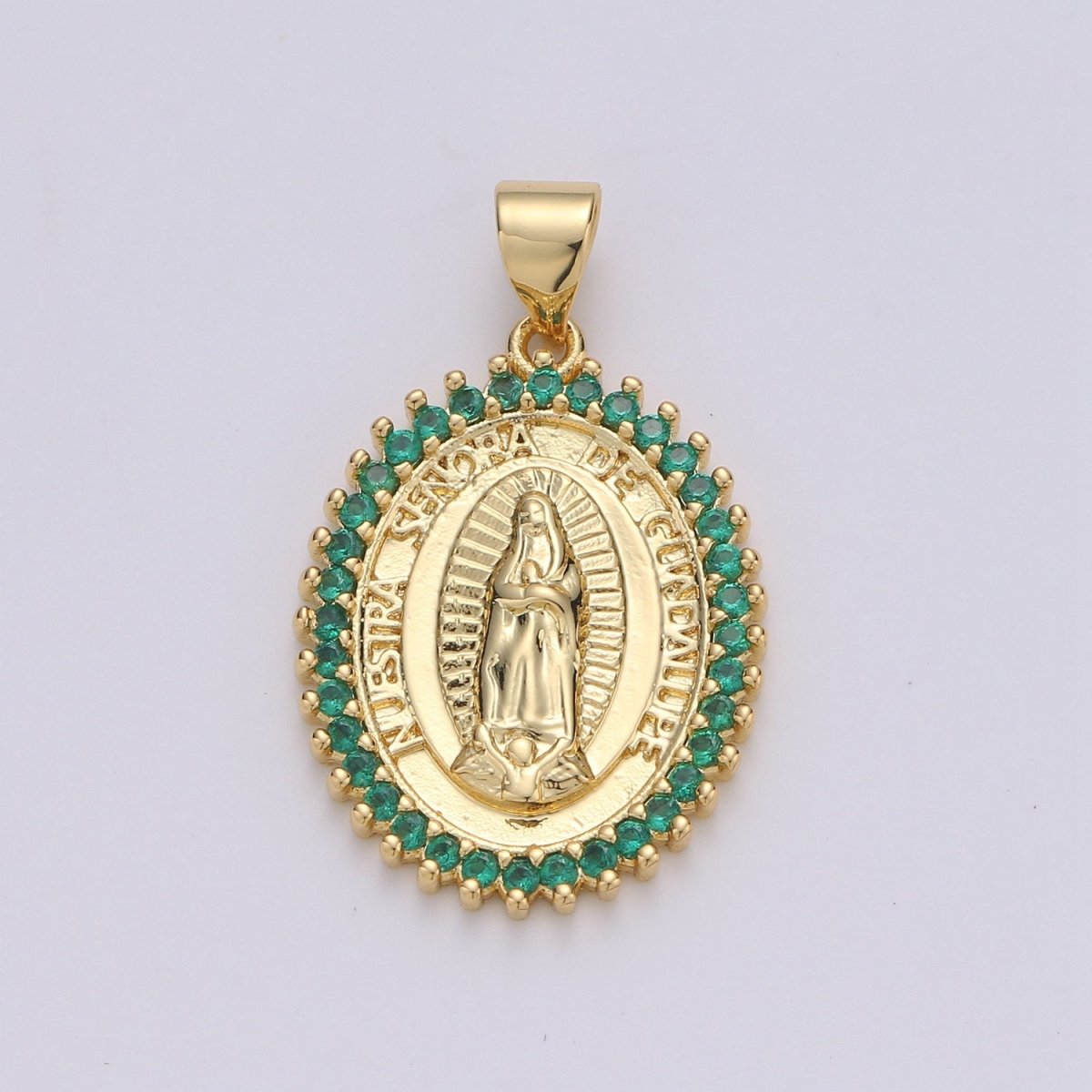 24k Gold Filled Virgin Mary Pendant Necklace Green Blue Teal Micro Pave Virgen de Guadalupe Medallion Pendant for Necklace Religious Jewelry I-841~I-843 I-845