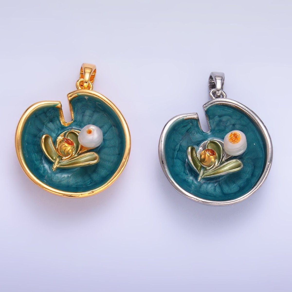 24K Gold Filled Water Lily Flower Arrangement Pearl Enamel Charm in Gold & Silver | AA1424