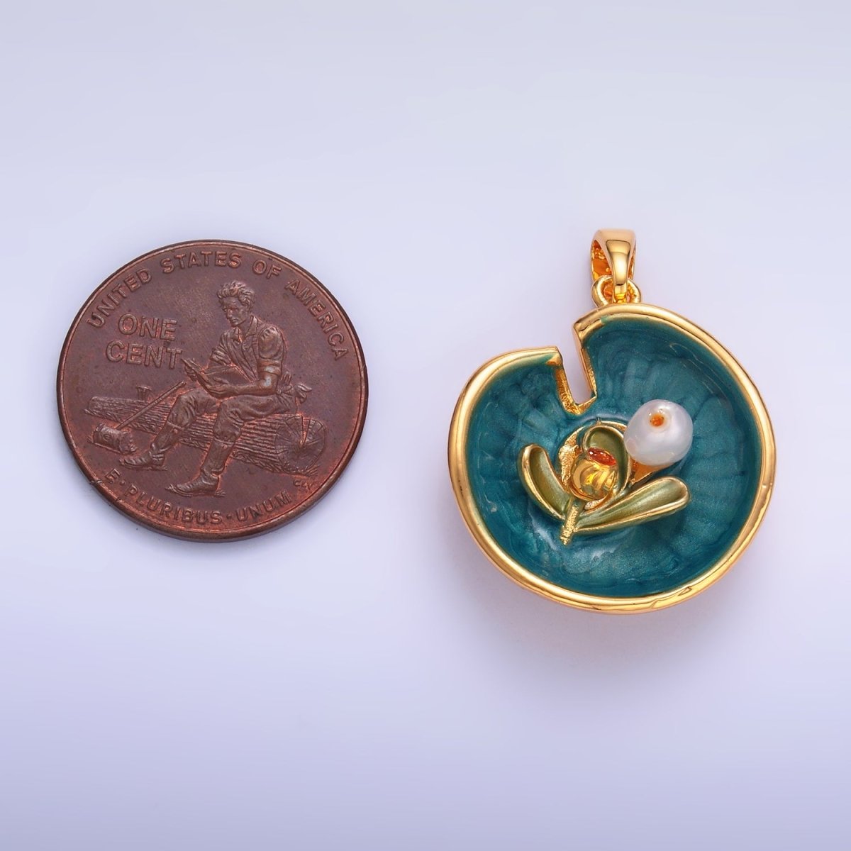 24K Gold Filled Water Lily Flower Arrangement Pearl Enamel Charm in Gold & Silver | AA1424
