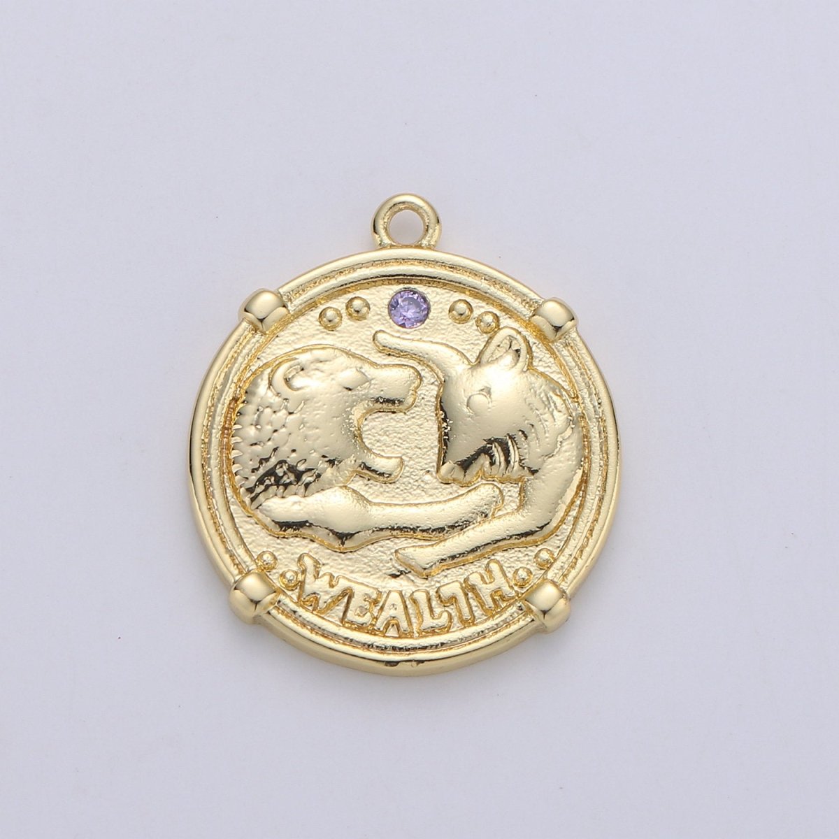 24K Gold Filled Wealth Strong Lion Dainty Charm with Micro Pave Lavender or Green Cubic Zirconia CZ Stone for Necklace or Bracelet, C-868