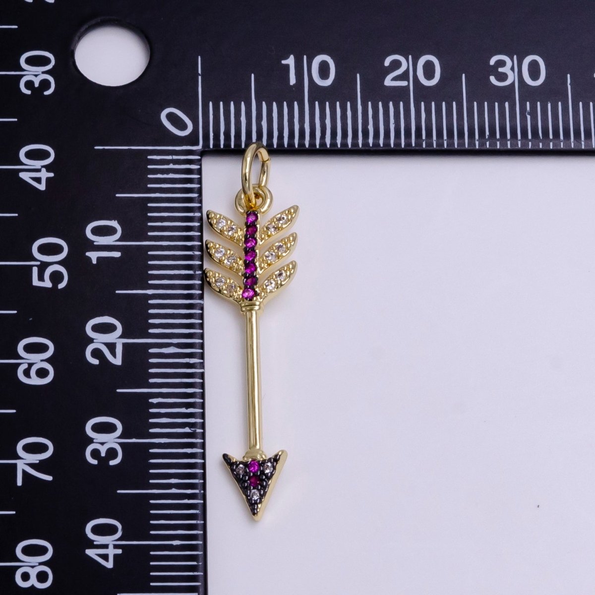 24K Gold Filled Weapon Arrow Fuchsia Clear Micro Paved CZ Charm E-449