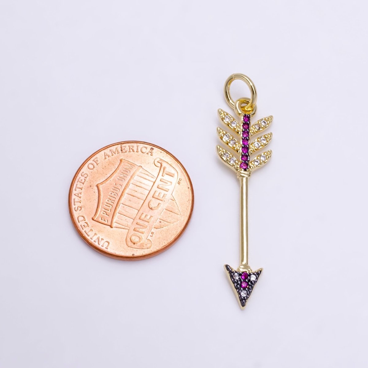 24K Gold Filled Weapon Arrow Fuchsia Clear Micro Paved CZ Charm E-449