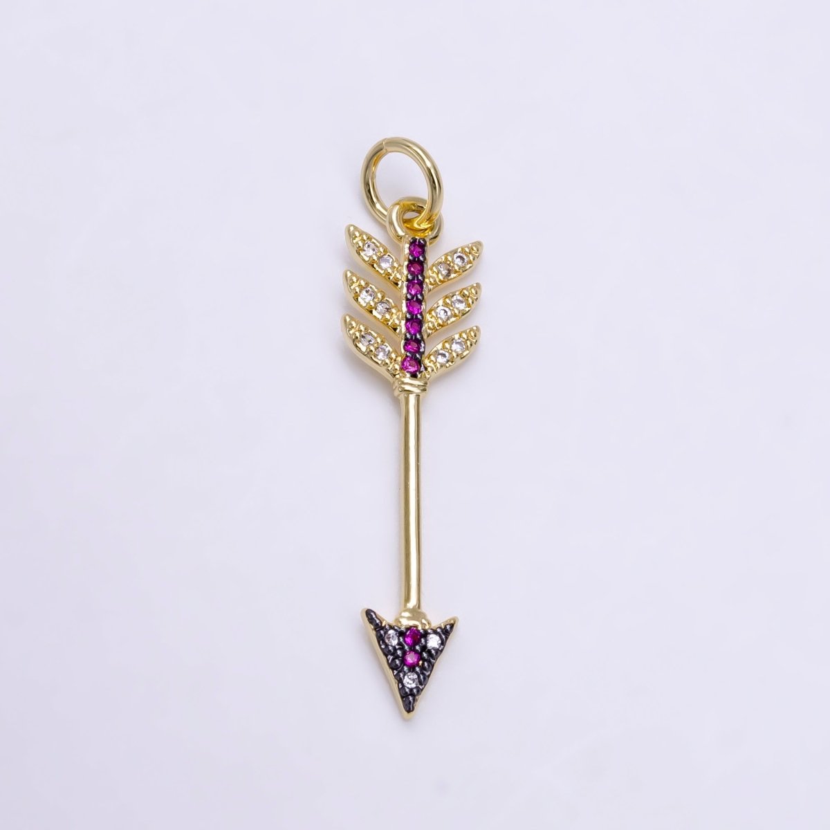 24K Gold Filled Weapon Arrow Fuchsia Clear Micro Paved CZ Charm E-449