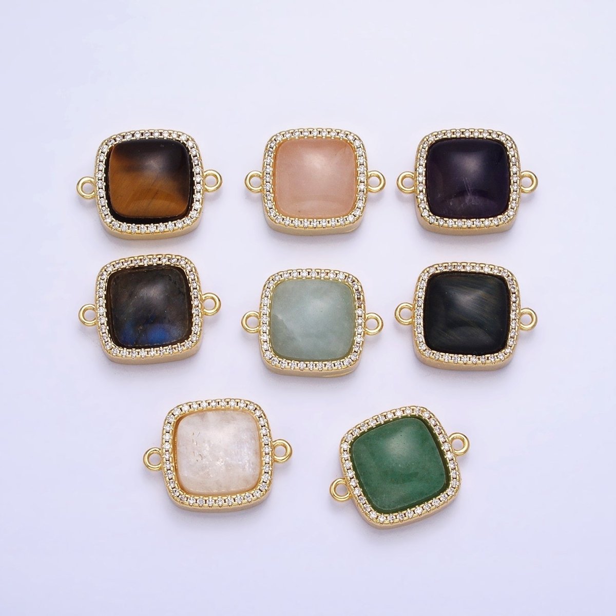 24K Gold Filled White Moonstone, Rose Quartz, Blue Agate, Tiger Eye, Amethyst, Onyx Micro Paved CZ Square Connector | Y-803~Y-806
