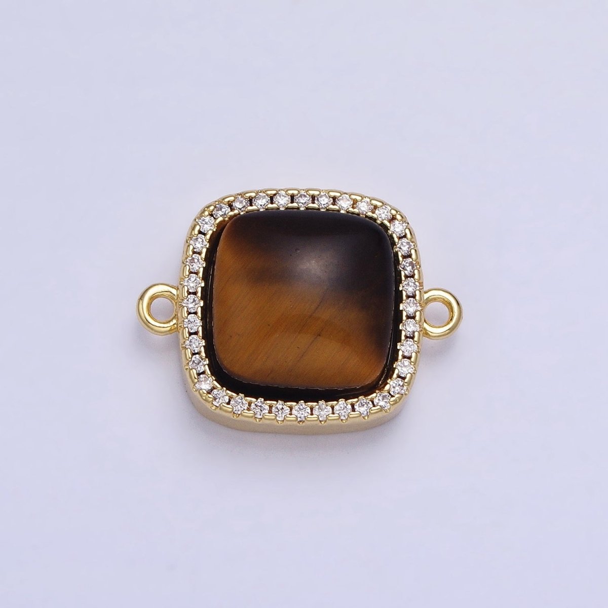 24K Gold Filled White Moonstone, Rose Quartz, Blue Agate, Tiger Eye, Amethyst, Onyx Micro Paved CZ Square Connector | Y-803~Y-806