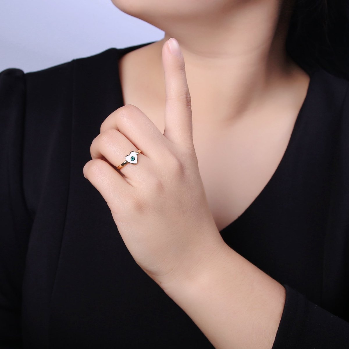 24K Gold Filled White, Navy Blue Enamel Heart Evil Eye Adjustable Ring | U-407 U-443