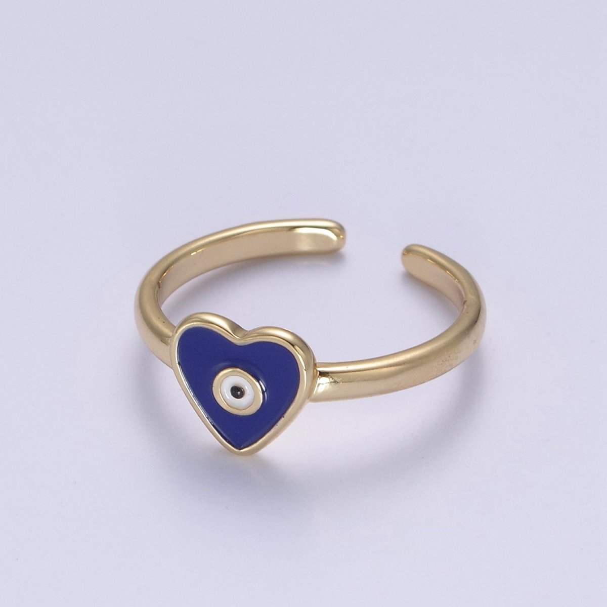 24K Gold Filled White, Navy Blue Enamel Heart Evil Eye Adjustable Ring | U-407 U-443