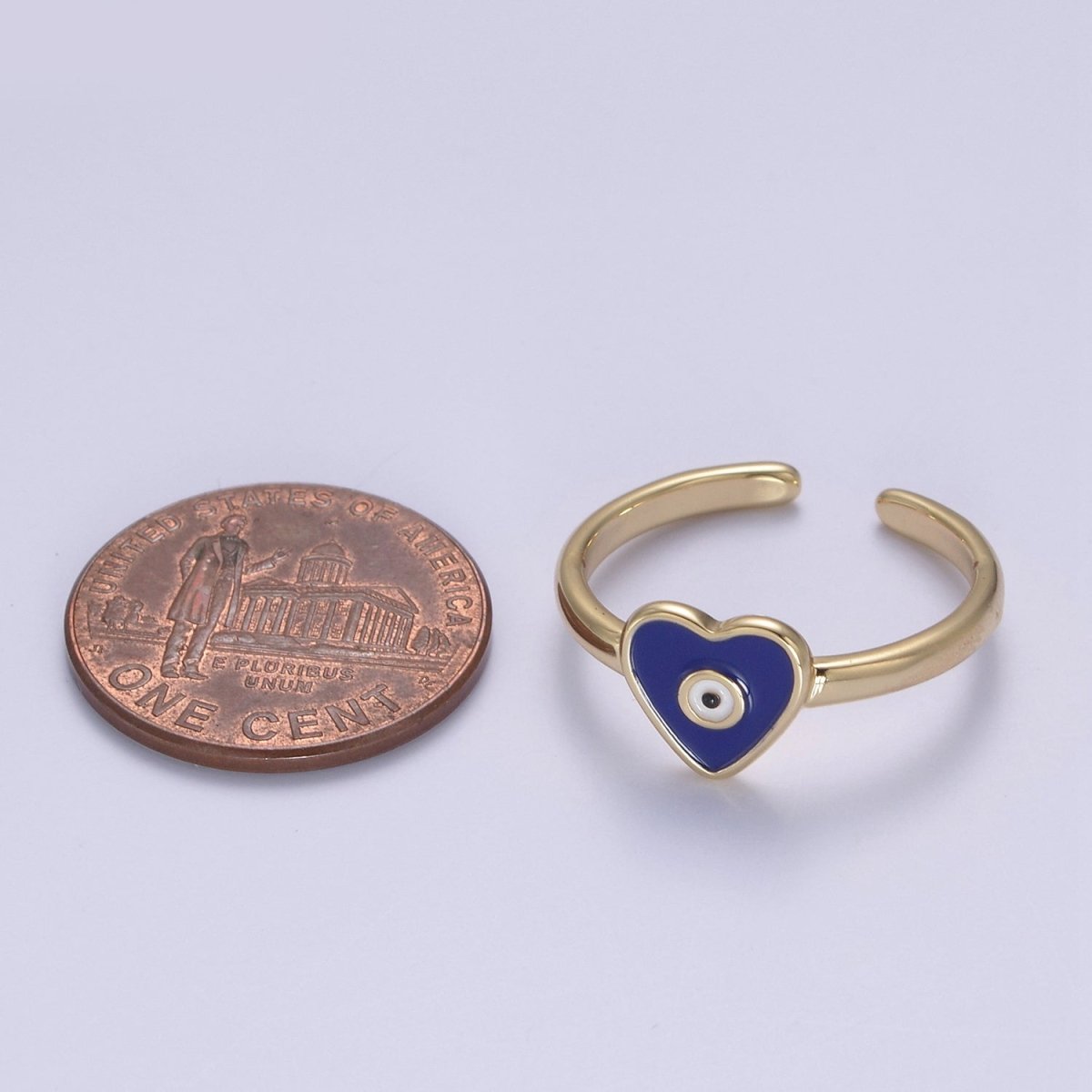 24K Gold Filled White, Navy Blue Enamel Heart Evil Eye Adjustable Ring | U-407 U-443