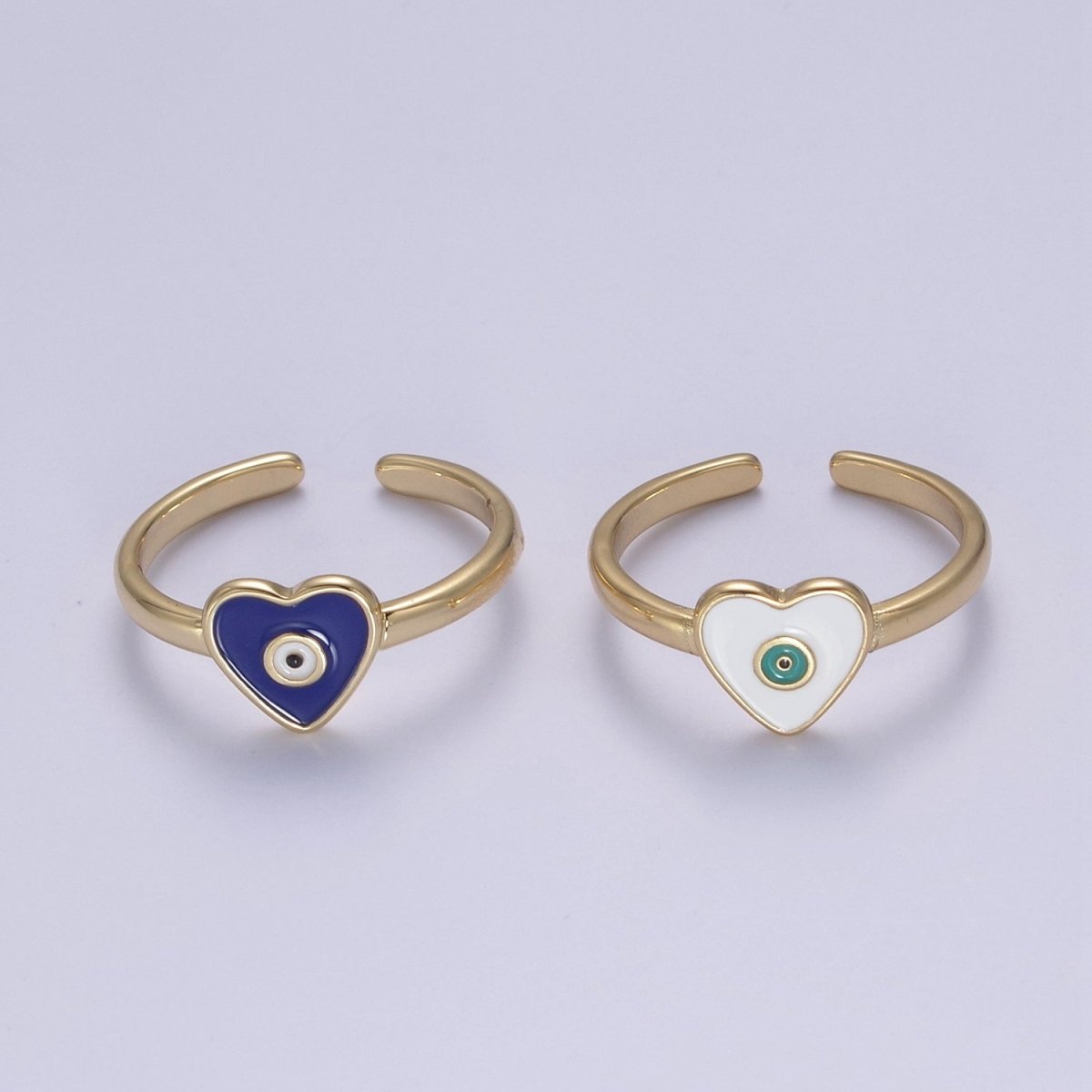 24K Gold Filled White, Navy Blue Enamel Heart Evil Eye Adjustable Ring | U-407 U-443