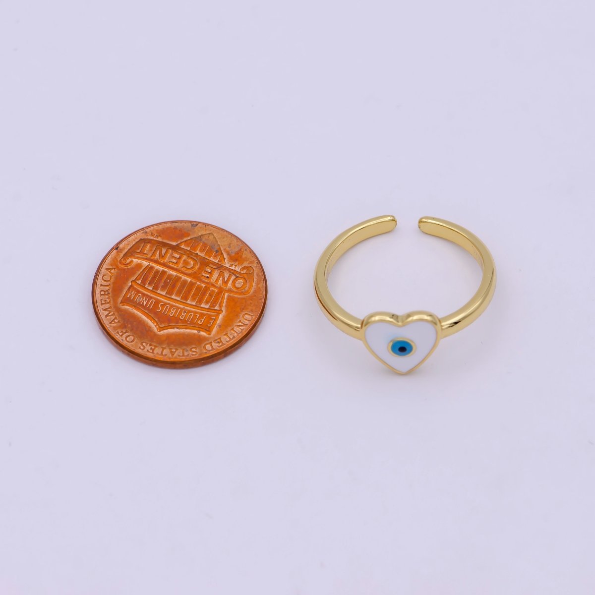 24K Gold Filled White, Navy Blue Enamel Heart Evil Eye Adjustable Ring | U-407 U-443
