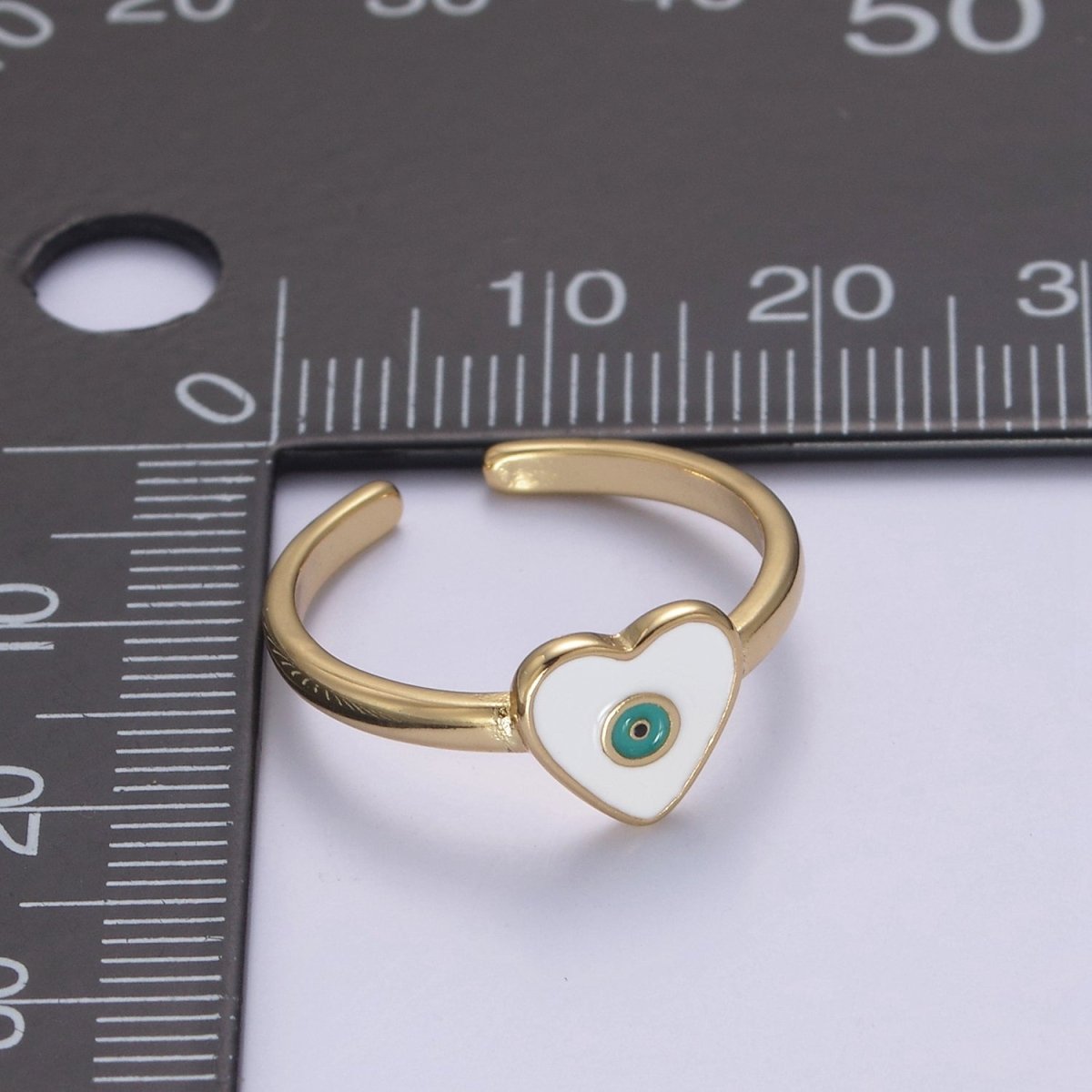 24K Gold Filled White, Navy Blue Enamel Heart Evil Eye Adjustable Ring | U-407 U-443
