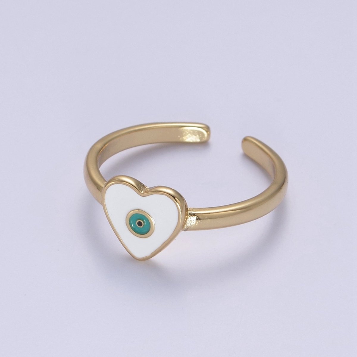 24K Gold Filled White, Navy Blue Enamel Heart Evil Eye Adjustable Ring | U-407 U-443