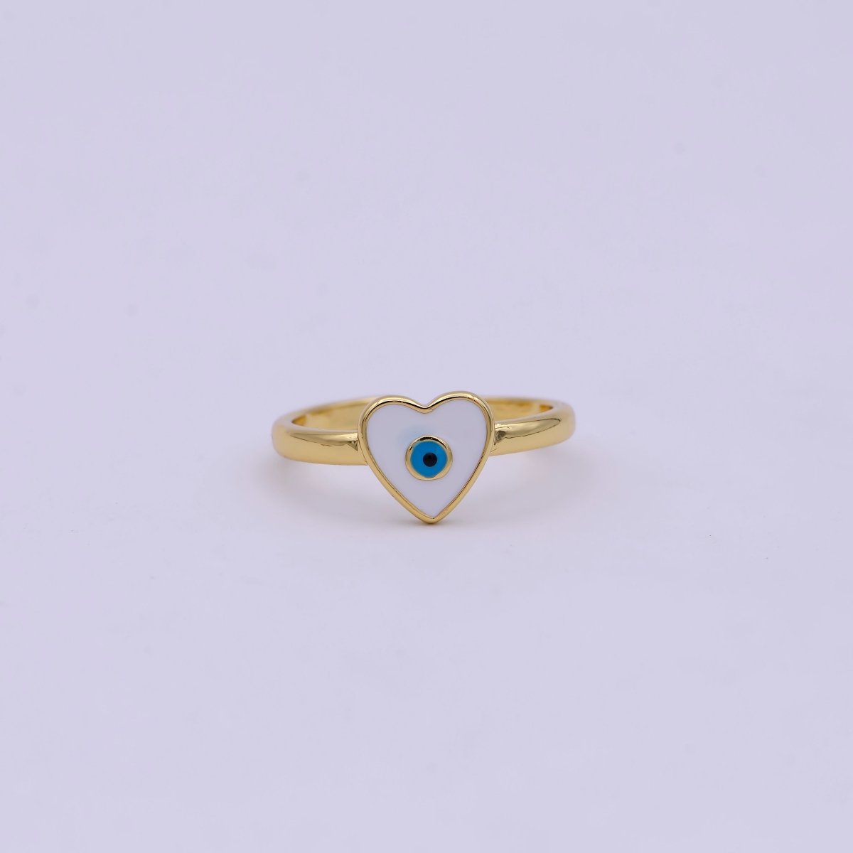 24K Gold Filled White, Navy Blue Enamel Heart Evil Eye Adjustable Ring | U-407 U-443