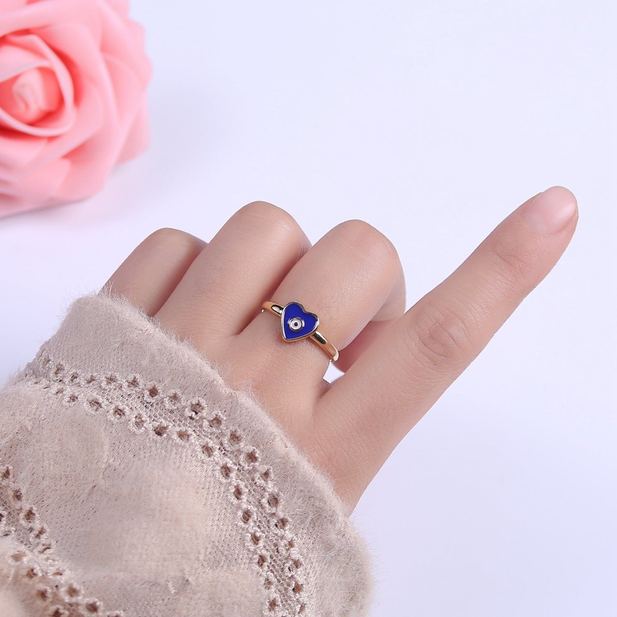 24K Gold Filled White, Navy Blue Enamel Heart Evil Eye Adjustable Ring | U-407 U-443
