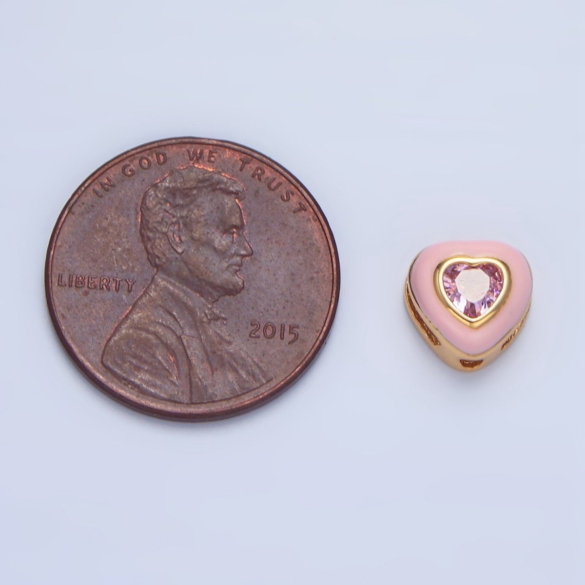 24K Gold Filled White, Pink CZ Enamel Heart Bead | B574