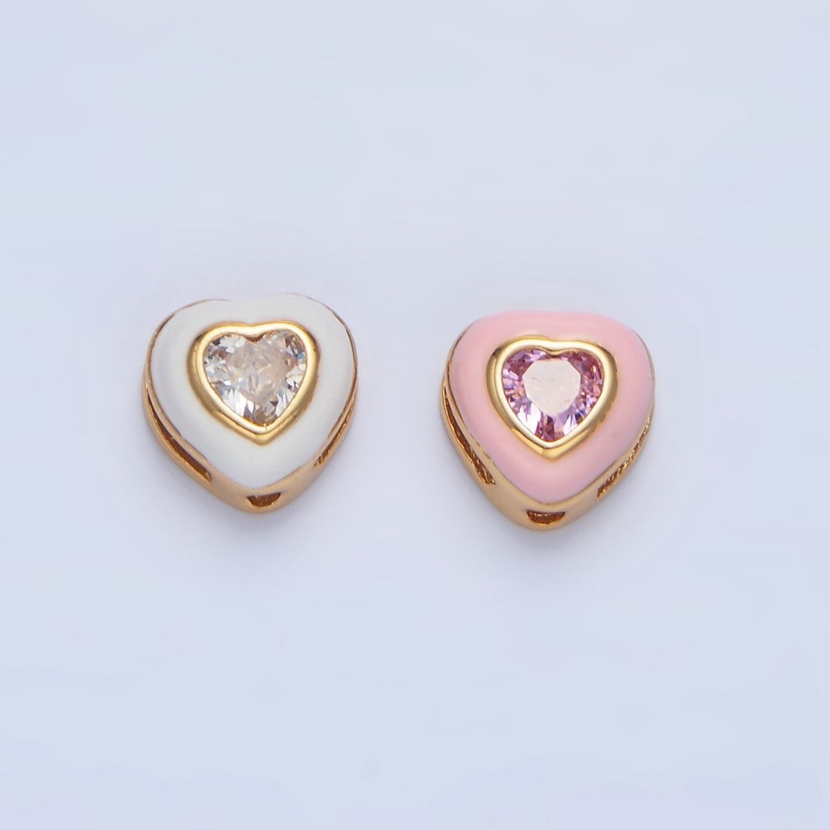 24K Gold Filled White, Pink CZ Enamel Heart Bead | B574