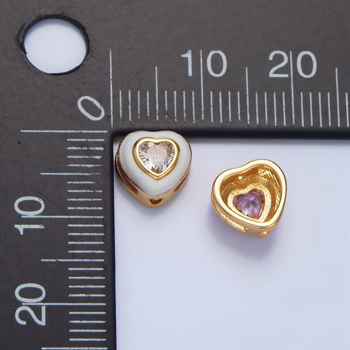 24K Gold Filled White, Pink CZ Enamel Heart Bead | B574