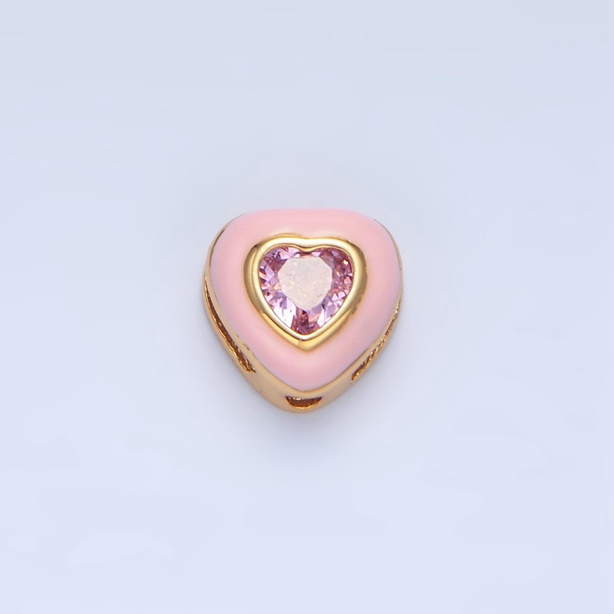 24K Gold Filled White, Pink CZ Enamel Heart Bead | B574