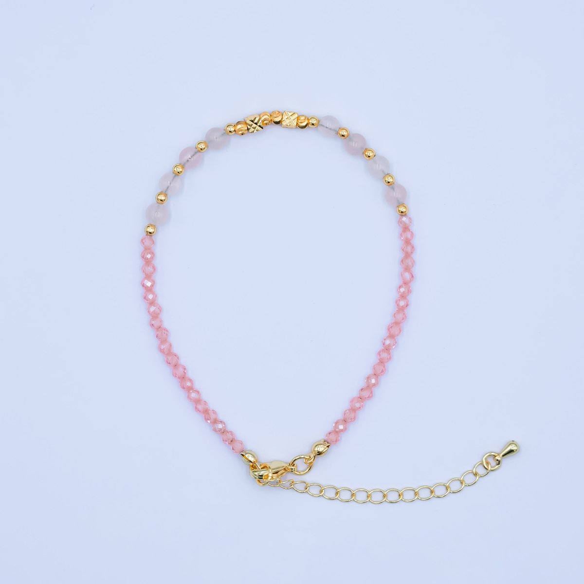 24K Gold Filled White Pink Multifaceted Crystal Gemstone 7.5 Bracelet | WA - 2889 - DLUXCA