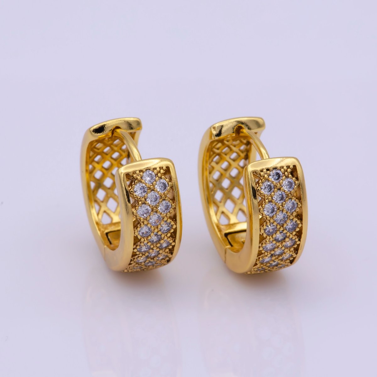 24K Gold Filled Wide Dome Micro Paved CZ 16.5mm Huggie Hoop Earrings | Leo-560 - DLUXCA