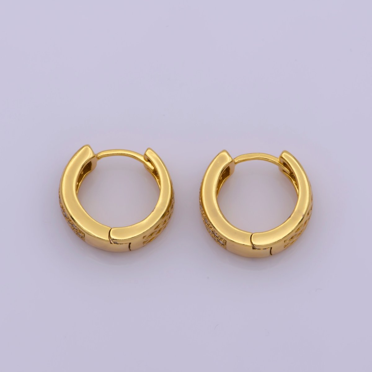 24K Gold Filled Wide Dome Micro Paved CZ 16.5mm Huggie Hoop Earrings | Leo-560 - DLUXCA