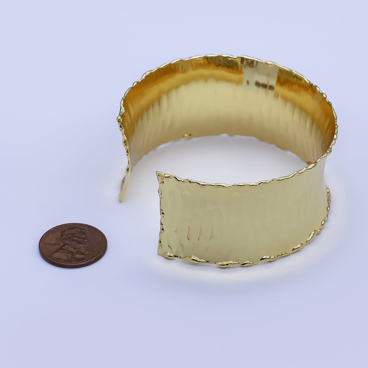 24K Gold Filled Wide Hexagonal Hammered Foil Geometric Cuff Bracelet | WA - 3236 - DLUXCA