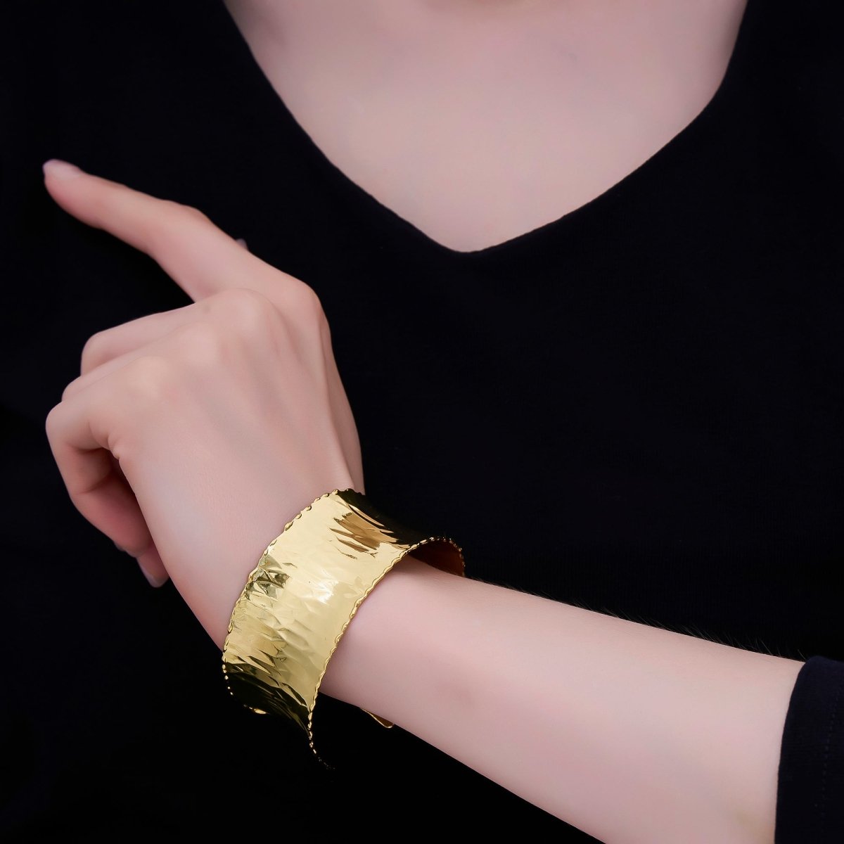 24K Gold Filled Wide Hexagonal Hammered Foil Geometric Cuff Bracelet | WA - 3236 - DLUXCA