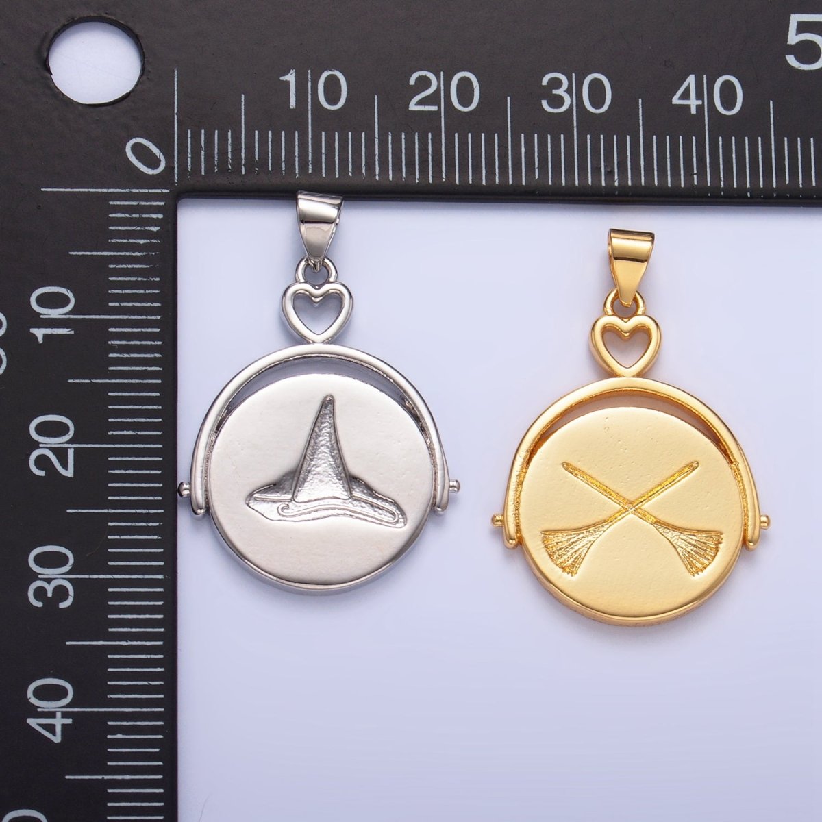 24K Gold Filled Witch Hat Broom Double Sided Pendant Halloween Jewelry in Gold & Silver | AA999